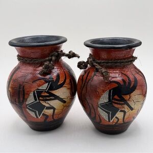 2 Mexican Pottery Vases Rope Pot Kokopelli Flute Player Clay Southwest 5” Tall